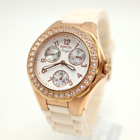 Invicta Angel Rose Gold Tone White 38mm Watch Calendar Silicone w New Battery main image 8